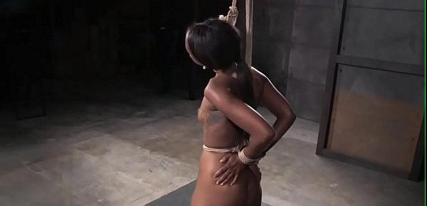  Ebony submissive whipped while tied up